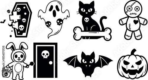 Halloween themed spooky icons with cat ghost coffin pumpkin and bat vector illustration 