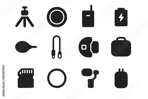 Vector camera filter tripod wireless pack accessories protective charger strap battery icon