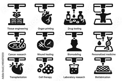 Drug printing therapy research icon medicine testing biofabrication vector applications engineering bio