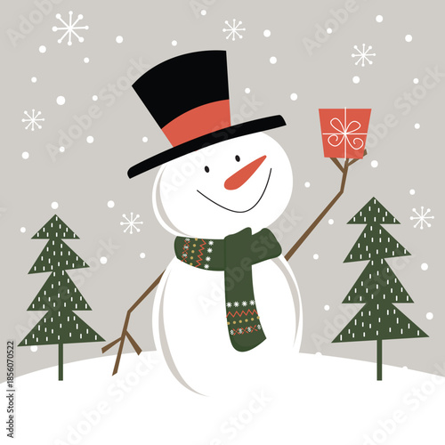 Cute Snowman with Christmas gift in snowing, Vector illustration