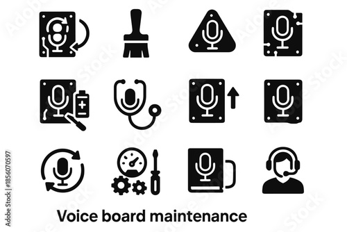 Cleaning vector maintenance calibration technical brush icon board log troubleshooting voice diagnostic