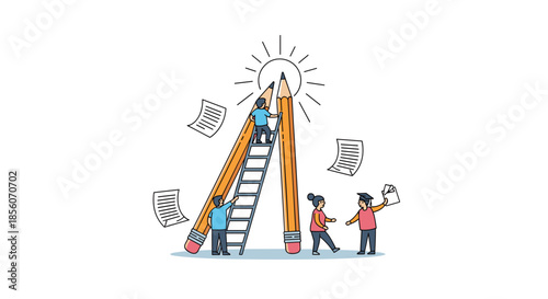 Tiny people work together, climbing a ladder and using giant pencils to reach for a bright sun, symbolizing educational success.