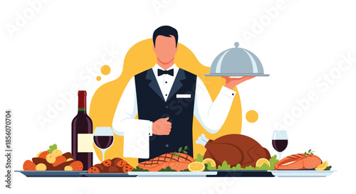 A professional waiter in a tuxedo holds a silver cloche, standing behind a table laden with gourmet dishes like roast turkey and salmon.
