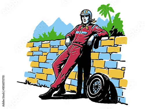 Retro Race Driver Illustration: Man in Red Jumpsuit Leaning on Stone Wall with Racing Tire.