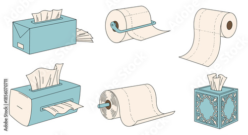 A collection of various paper products for hygiene, including tissue boxes, toilet paper rolls on holders, and paper towels.