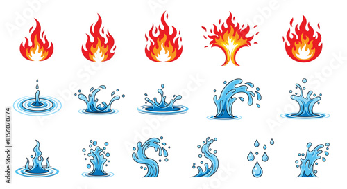 A set of cartoon fire and water elements, including various flame shapes, water splashes, ripples, and dripping water drops.