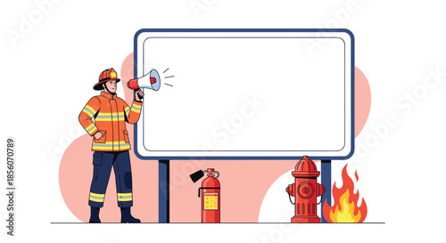 A firefighter in full gear speaks into a megaphone next to a large blank billboard, with fire safety equipment nearby.