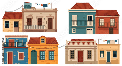 Collection of colorful old European or Mediterranean style townhouses with balconies, tiled roofs, and laundry hanging on a clothesline.