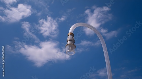 A bent transparent hose with a metal fitting and glass component curves against a bright blue sky with white clouds