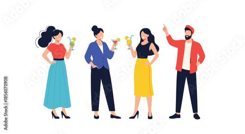 Group of diverse friends standing together and talking at a party, holding cocktail glasses and smiling in a friendly social gathering.