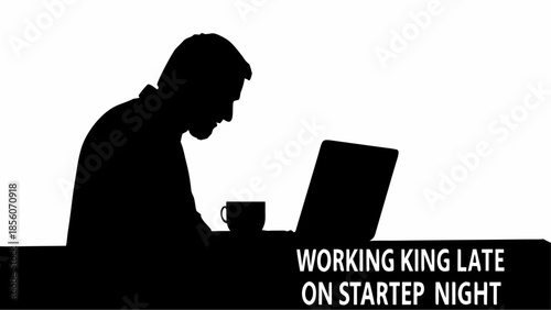 Late night startup work with silhouette of man on computer