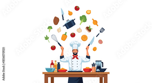 Professional male chef in uniform skillfully juggling fresh vegetables, cooking utensils, and a pot above a kitchen counter filled with ingredients.