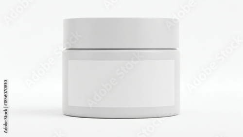A plain white cylindrical jar with a lid and a blank label on a white background, ideal for product mockups.