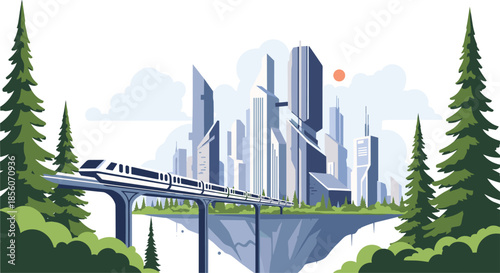 Futuristic city with modern skyscrapers on a floating island, a high-speed monorail train, and surrounded by lush green pine trees.