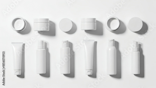 A collection of white minimalist cosmetic and skincare product containers including jars, tubes, and bottles, neatly arranged on a clean white background.