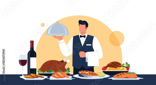 Elegant waiter in a uniform serving a fine dining meal, holding a cloche over a platter with a spread of gourmet dishes on the table.