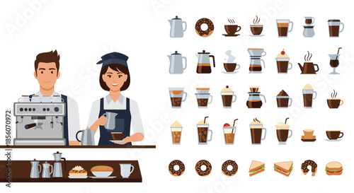 Coffee shop scene with male and female baristas making coffee, and a large set of coffee-related icons, drinks, and snacks.
