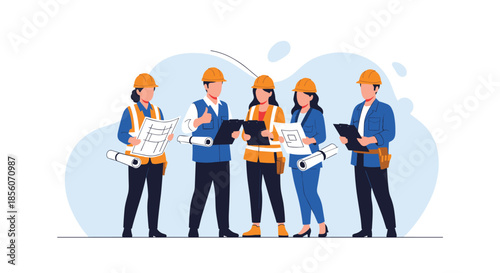 Team of construction engineers and architects in hard hats and safety vests reviewing blueprints and discussing a project on-site.