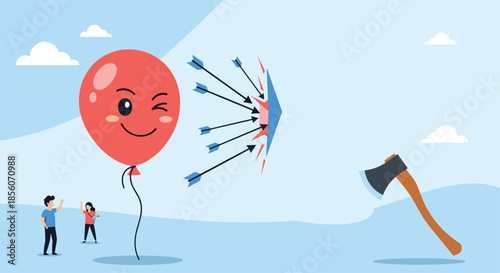 Conceptual illustration of a winking red balloon character easily deflecting arrows aimed at it, while a thrown axe misses completely.