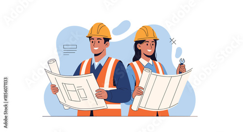 Male and female construction engineers smiling while wearing hard hats and safety vests and reviewing architectural blueprints together.