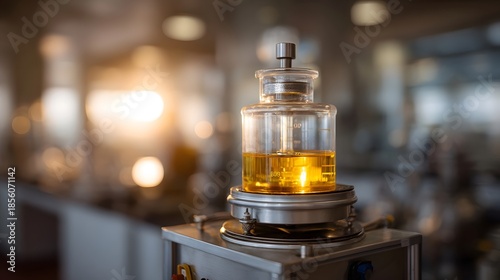 A laboratory flask containing yellow liquid is heated on scientific equipment under warm light