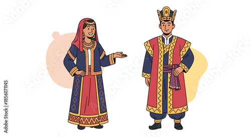 Man and woman dressed in traditional, ornate Turkish or Ottoman empire clothing, including a sultan's crown and a woman's headdress.