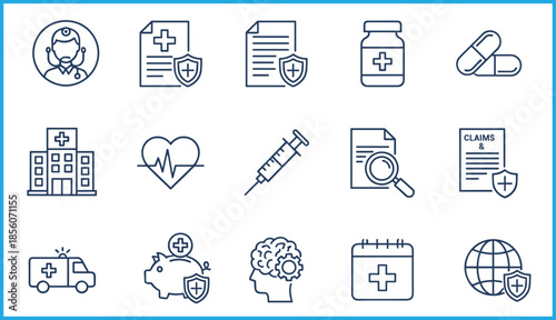 Set of 16 blue line icons for healthcare, insurance, and medical services, ideal for vector illustration content