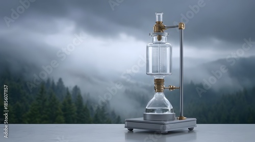 A vintage laboratory apparatus for scientific research set against a misty mountain landscape