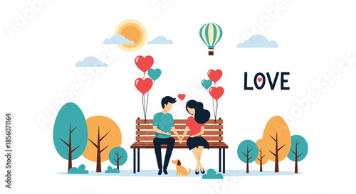 Young couple in love sitting on a park bench holding hands, with heart-shaped balloons, a cute dog, and a hot air balloon.