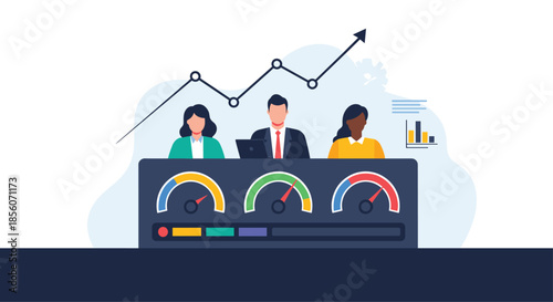 Business team performance dashboard showing diverse professionals with a rising arrow graph and several colorful performance meters.