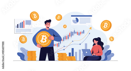 Man and woman analyzing bitcoin cryptocurrency investment, with a man holding a large coin and a rising stock market chart in the background.