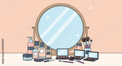 Illustration of a makeup vanity table with a large round mirror and a variety of cosmetic products like lipstick, brushes, and palettes.