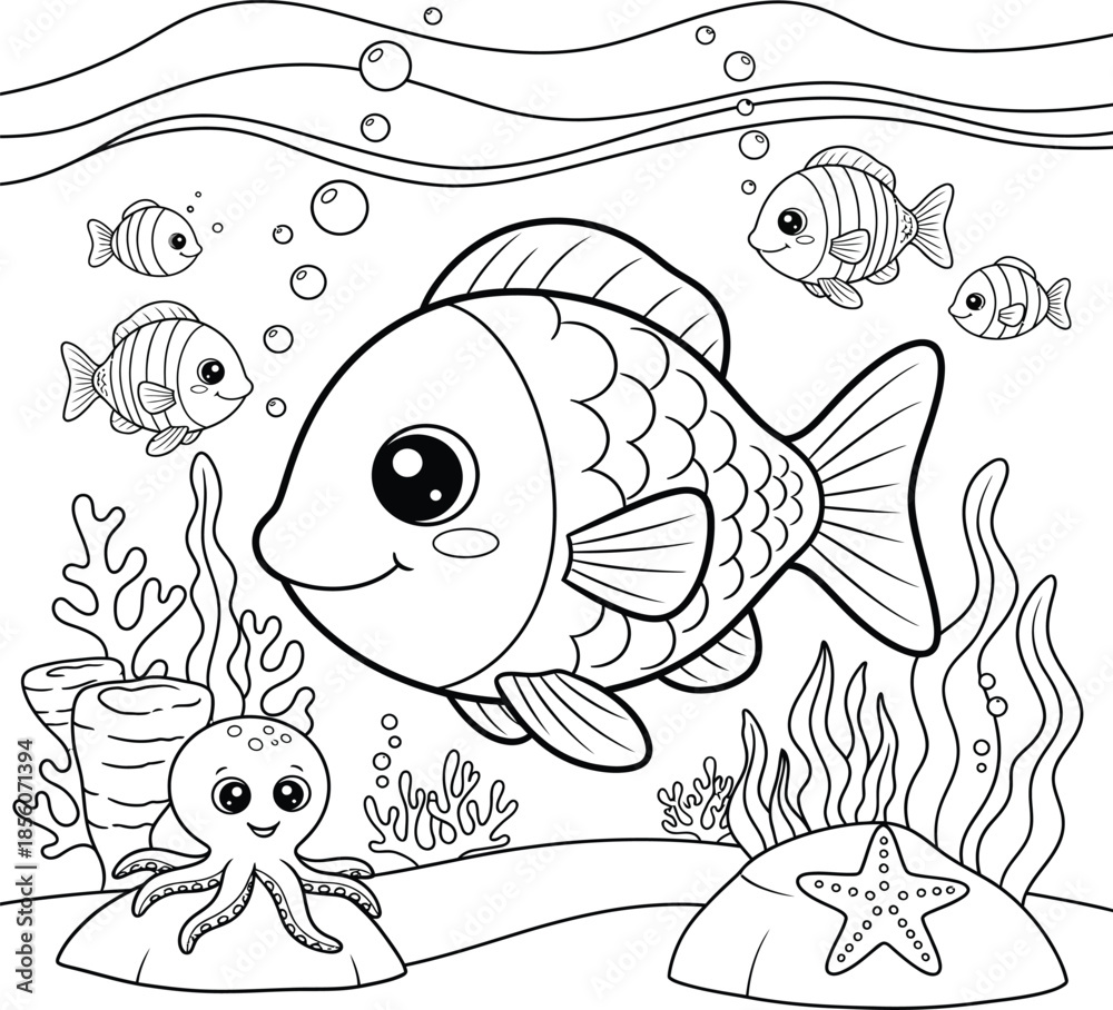 Fototapeta premium Underwater scene with a big smiling fish and friends isolated on transparent background