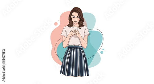 Stylish young woman in a striped skirt and white t-shirt looking down at her smartphone, with abstract color shapes in the background.