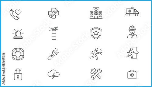 Set of 16 black line icons for emergency, safety, and medical preparedness, ideal for vector illustration content