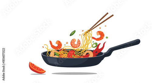 Dynamic illustration of stir-fried noodles with shrimp and vegetables being tossed in a pan with chopsticks lifting some noodles.