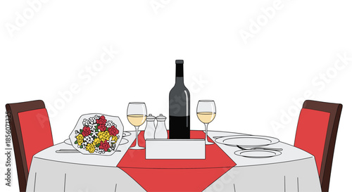 Elegant restaurant table set for a romantic dinner for two, with a bottle of wine, glasses, plates, and a bouquet of flowers.