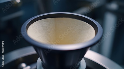 A close up view of a coffee filter paper inside a funnel illustrating a filt n process