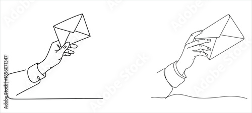 Hands holding and opening envelopes in modern line art style.