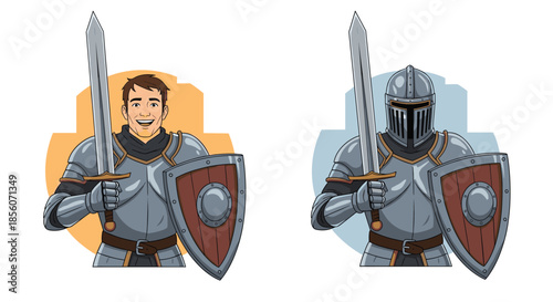 Cartoon medieval knight in full metal armor holding a sword and shield, shown with and without his helmet on in two variations.