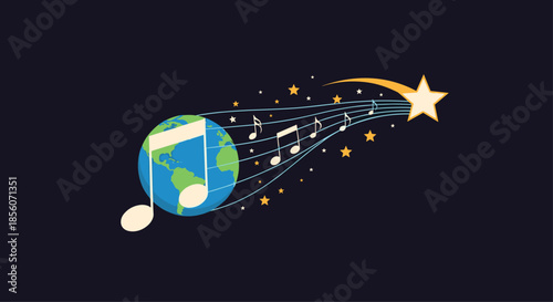 Planet Earth depicted as a musical note with a staff of notes and stars flying out from it, creating a shooting star of music.