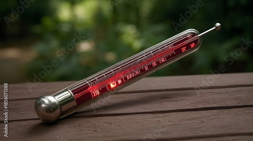 A thermometer shows a very high temperature reading in an outdoor setting on a wooden table with blurred green foliage