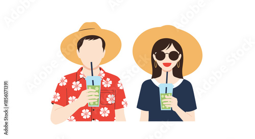 Faceless illustration of a young couple wearing summer hats and tropical shirts while sipping drinks through straws on a vacation.
