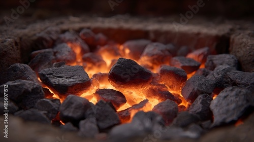 Intensely hot glowing orange and red coals radiate warmth in a dark furnace or hearth