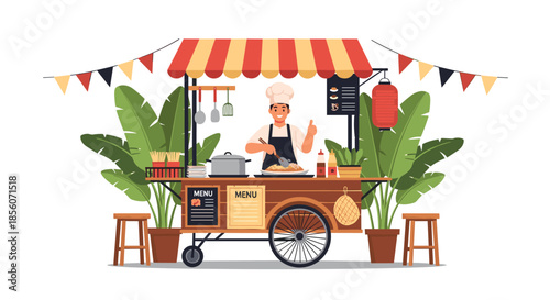 Happy male chef with a thumbs up gesture serves delicious Asian noodles from a vibrant street food cart with a red awning design.