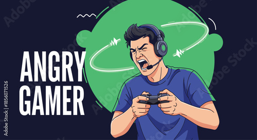 Angry gamer wearing a headset screams in frustration while intensely playing a video game with a controller on a dark background.