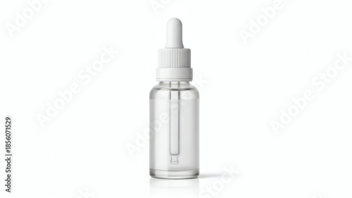 A clear glass dropper bottle with a white cap and pipette, isolated on a white background.