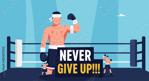 Motivational sports illustration of a determined boxer in a ring with the inspirational quote never give up for a poster design.