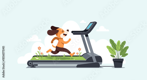 Cute cartoon dog happily running on a special treadmill with a green grass surface, promoting pet fitness and a healthy lifestyle.