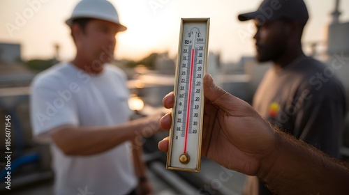 Thermometer reading high temperature outdoors as workers monitor conditions during sunset